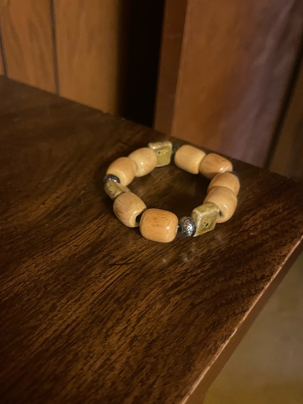 Natural Wood Bead Stretch Bracelet - Tan